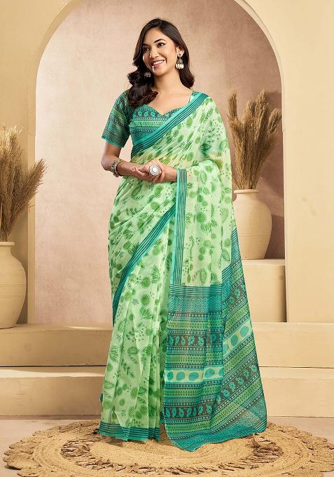 Light Green Motif Cotton Blend Saree Set