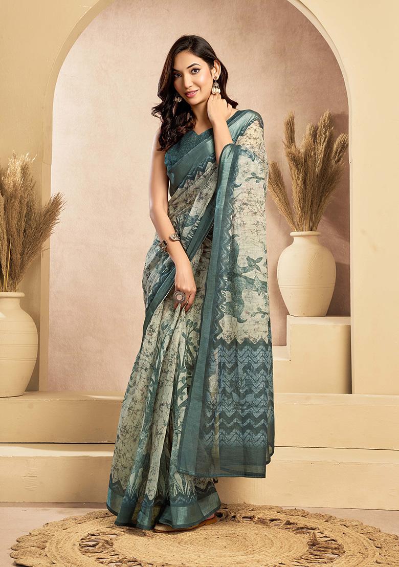 Light Grey Motif Cotton Blend Saree Set - Indya