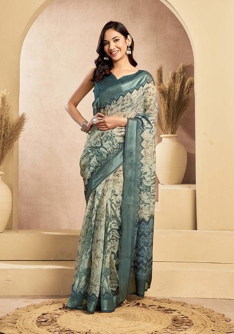 Light Grey Motif Cotton Blend Saree Set