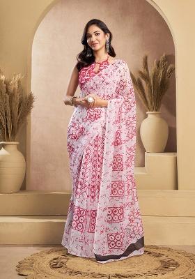 Pink Motif Cotton Blend Saree Set
