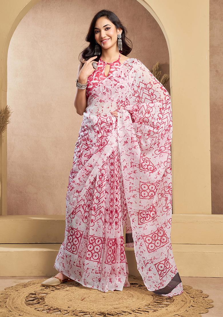 Pink Motif Cotton Blend Saree Set - Indya