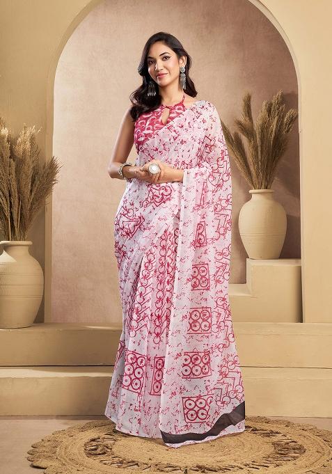 Pink Motif Cotton Blend Saree Set