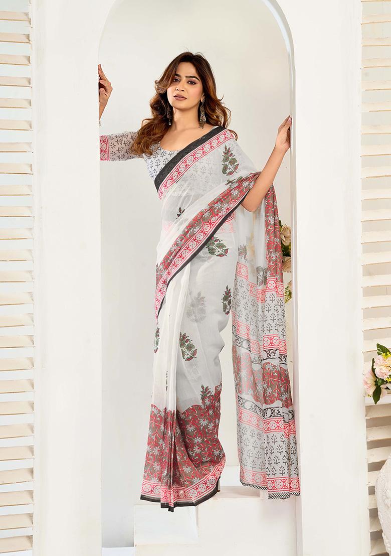 White Motif Cotton Blend Saree Set - Indya