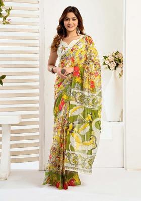Multicolor Motif Cotton Blend Saree Set