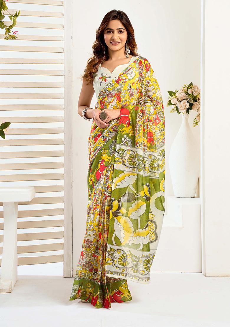 Multicolor Motif Cotton Blend Saree Set - Indya