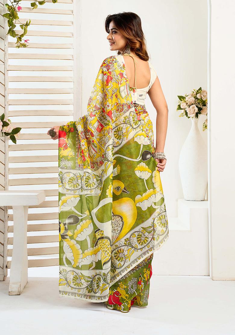 Multicolor Motif Cotton Blend Saree Set - Indya