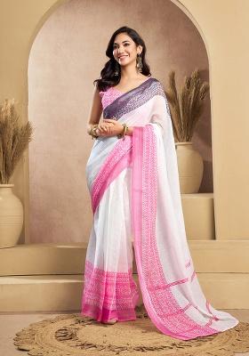 Off White Motif Cotton Blend Saree Set