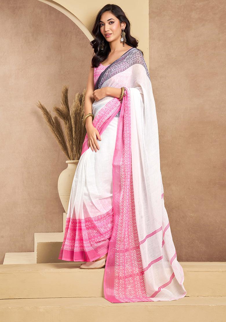 Off White Motif Cotton Blend Saree Set - Indya