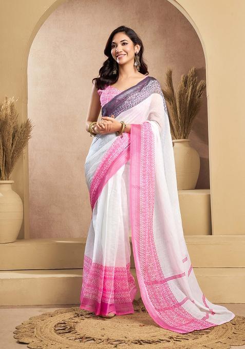 Off White Motif Cotton Blend Saree Set