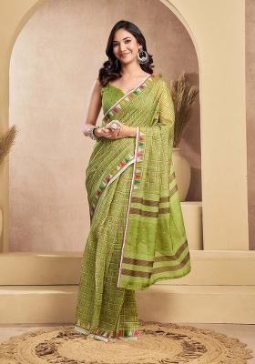 Olive Motif Cotton Blend Saree Set