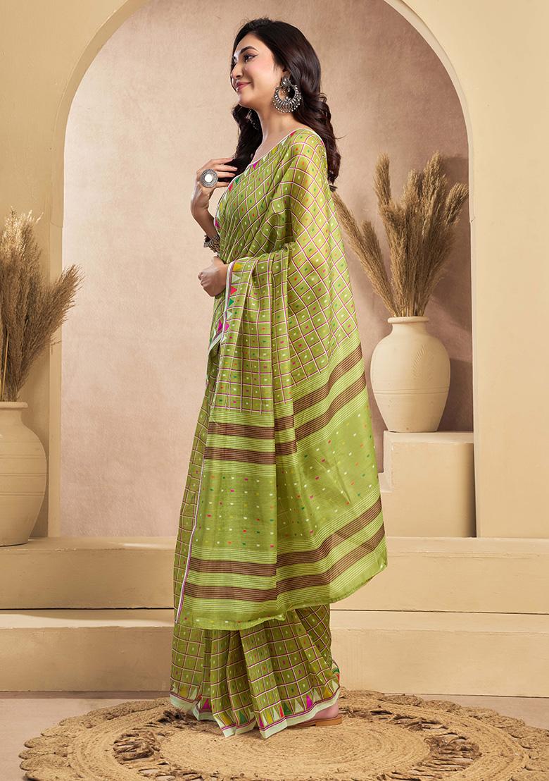 Olive Motif Cotton Blend Saree Set - Indya