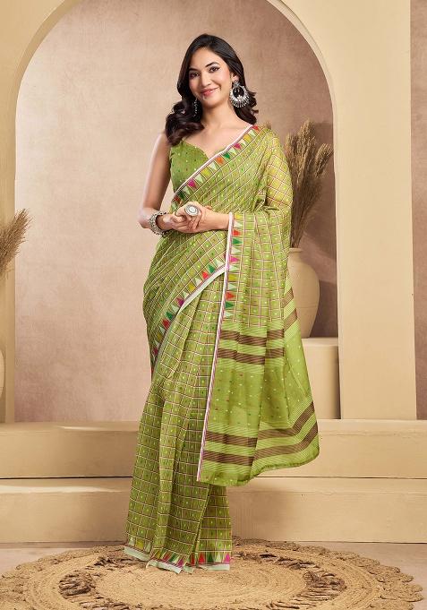 Olive Motif Cotton Blend Saree Set