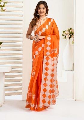 Orange Motif Cotton Blend Saree Set