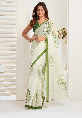 White Motif Cotton Blend Saree Set