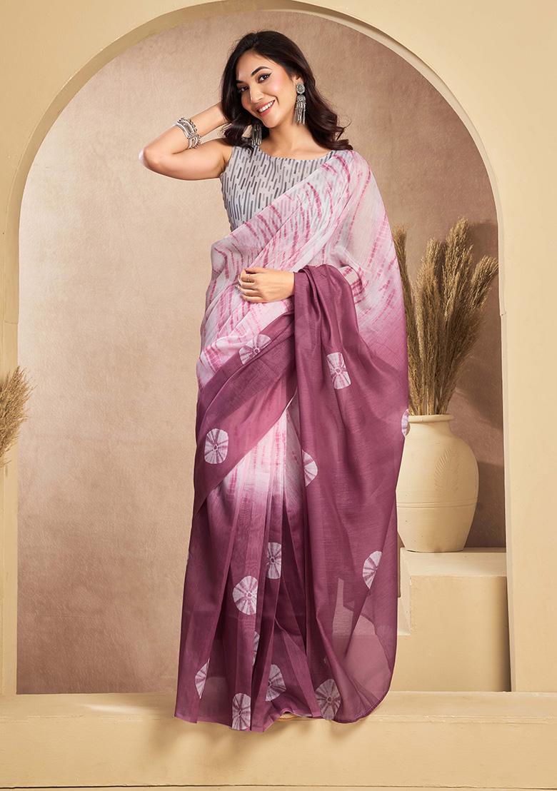 Wine Motif Cotton Blend Saree Set - Indya