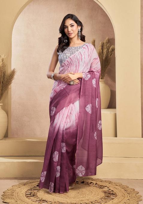 Wine Motif Cotton Blend Saree Set