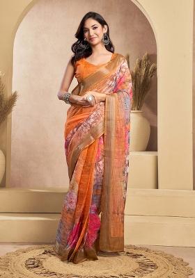 Orange Motif Cotton Blend Saree Set