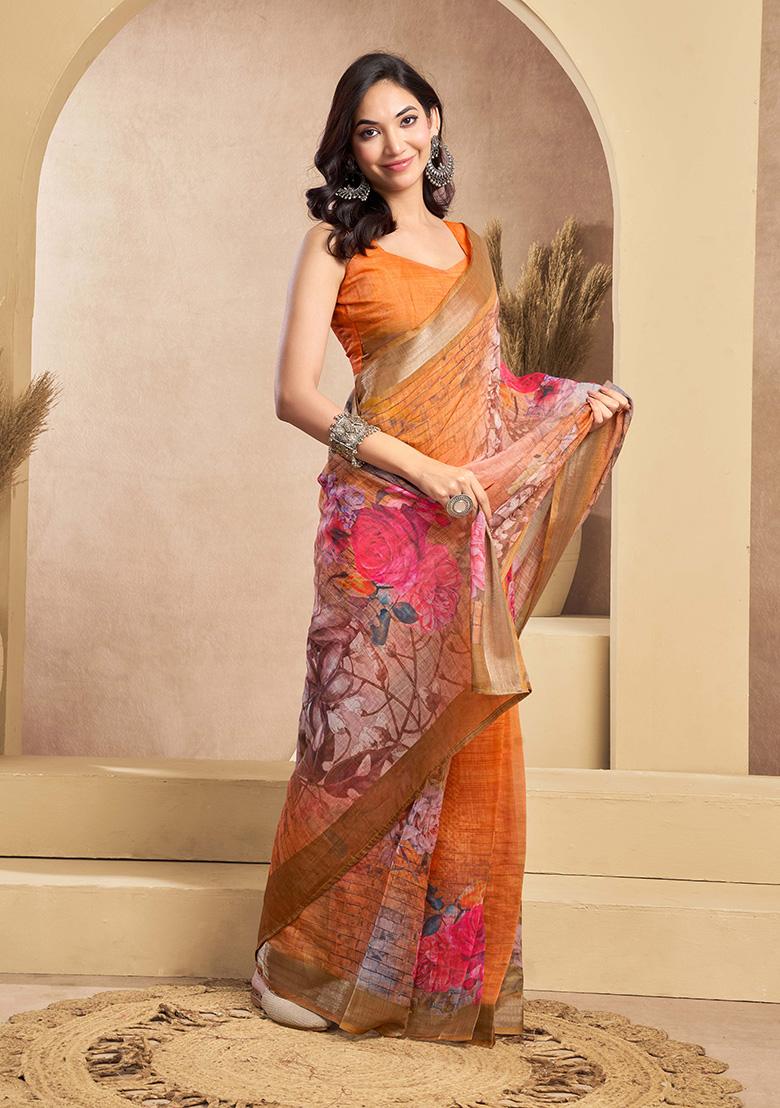 Orange Motif Cotton Blend Saree Set - Indya