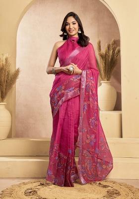 Pink Motif Cotton Blend Saree Set