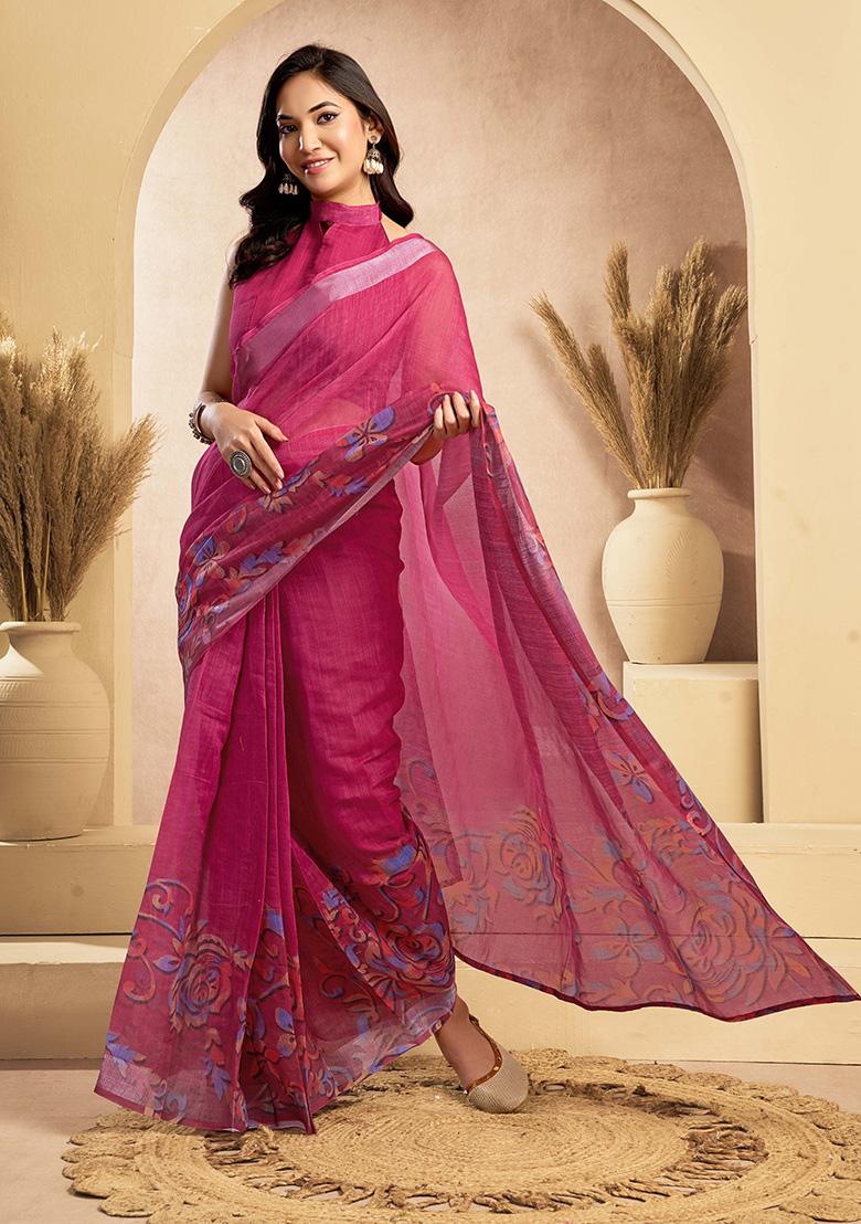 Pink Motif Cotton Blend Saree Set - Indya