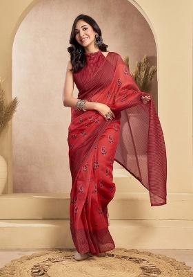 Red Motif Cotton Blend Saree Set