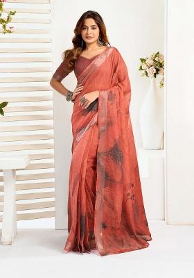 Rust Motif Cotton Blend Saree Set