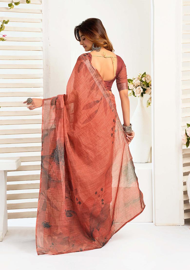 Rust Motif Cotton Blend Saree Set - Indya