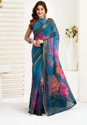 Teal Motif Cotton Blend Saree Set