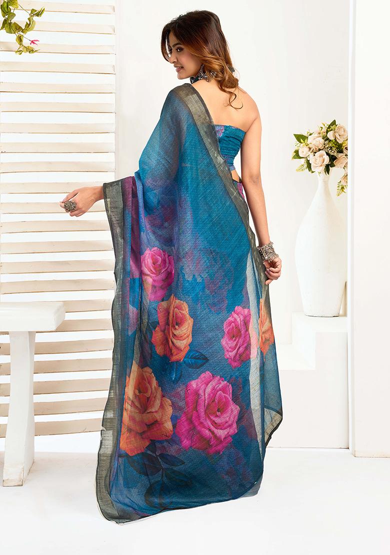 Teal Motif Cotton Blend Saree Set - Indya