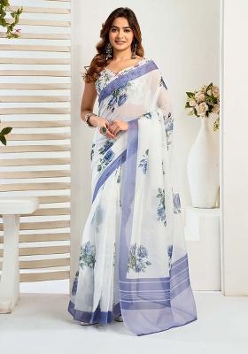 White Motif Cotton Blend Saree Set