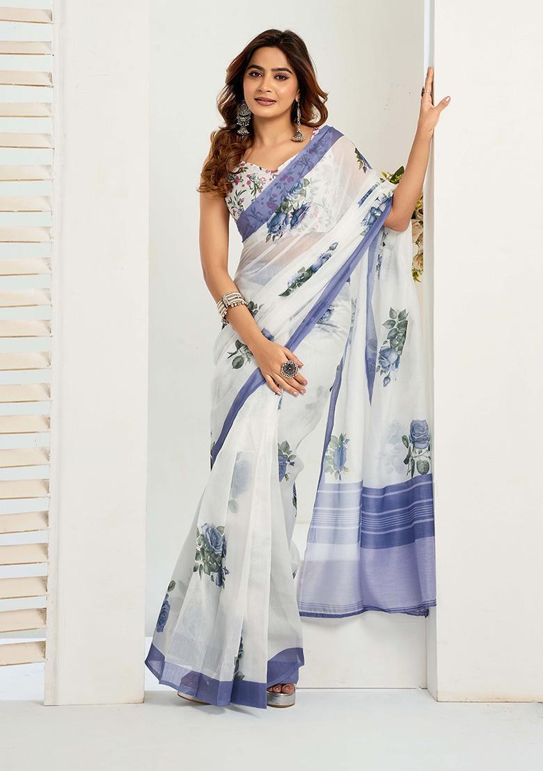 White Motif Cotton Blend Saree Set - Indya