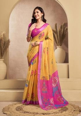 Yellow Motif Cotton Blend Saree Set