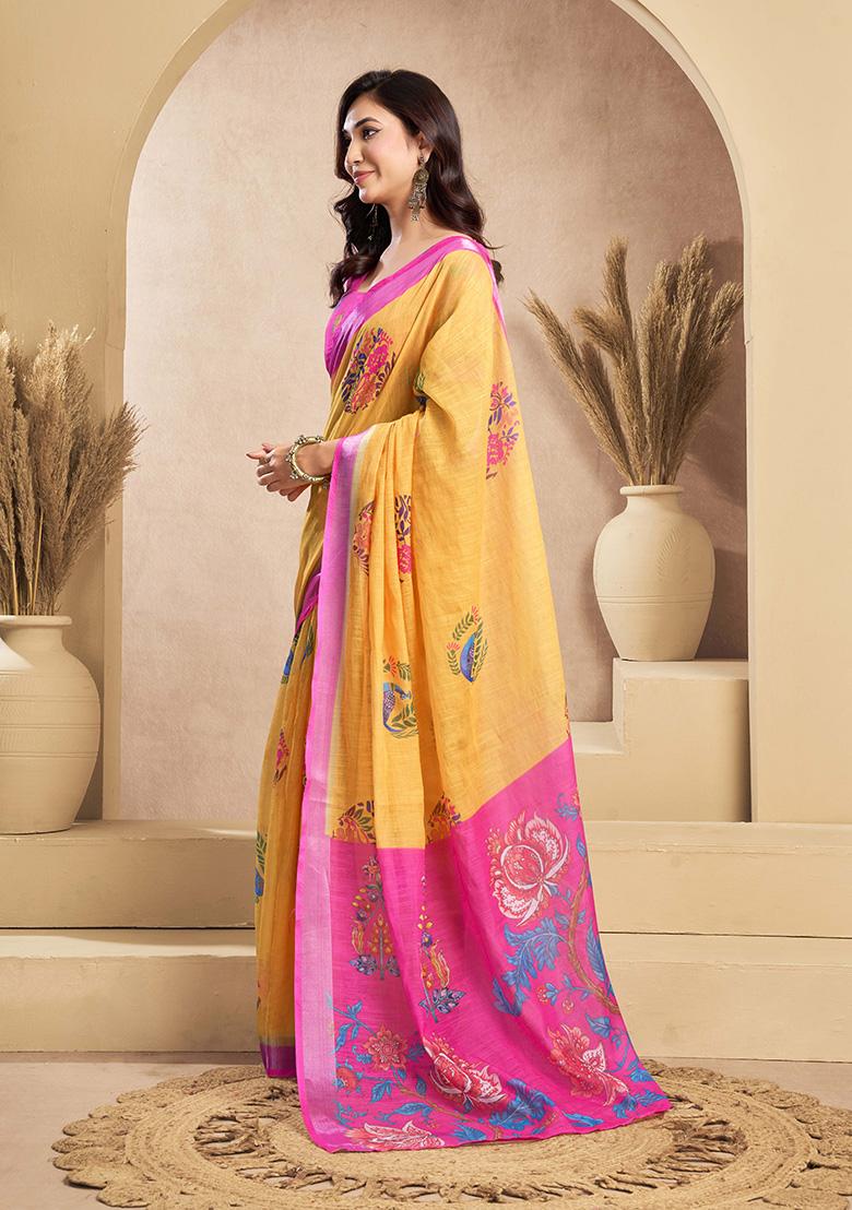 Yellow Motif Cotton Blend Saree Set - Indya