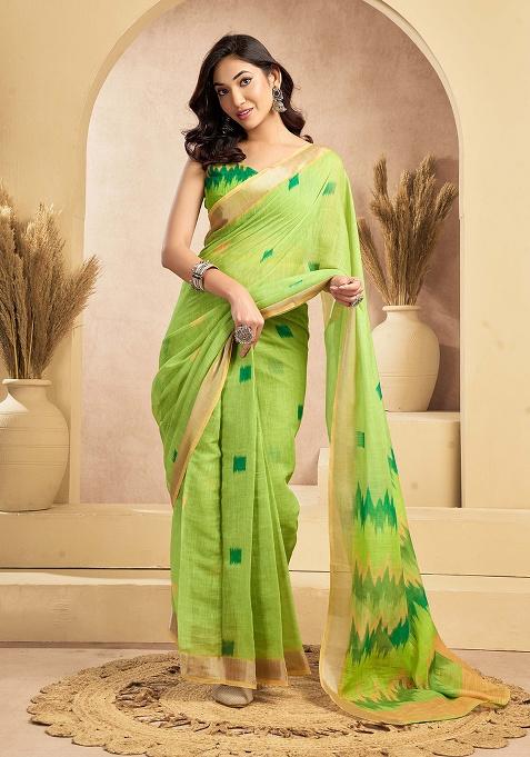 Lime Motif Cotton Blend Saree Set