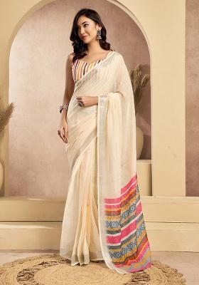 Beige Motif Cotton Blend Saree Set