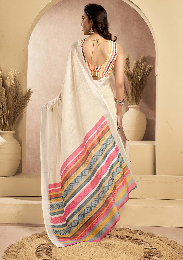 Beige Motif Cotton Blend Saree Set - Indya