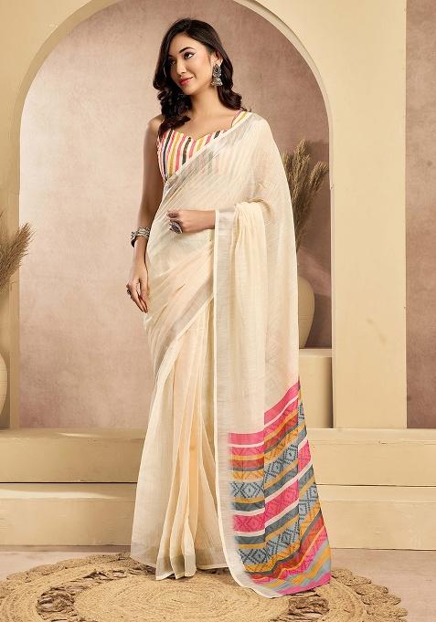 Beige Motif Cotton Blend Saree Set