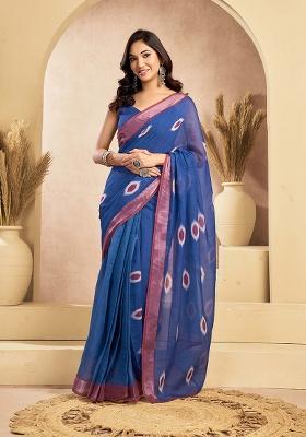 Blue Motif Cotton Blend Saree Set