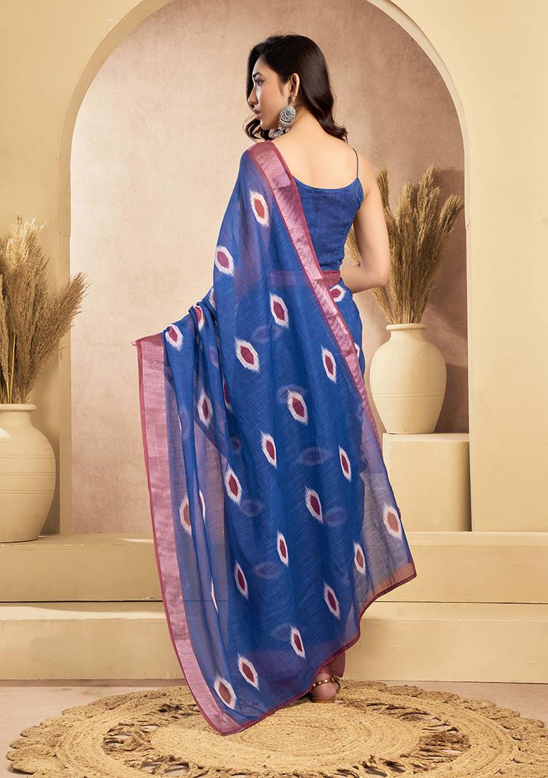 Blue Motif Cotton Blend Saree Set - Indya