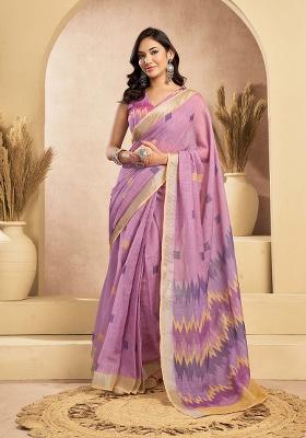 Lavender Motif Cotton Blend Saree Set
