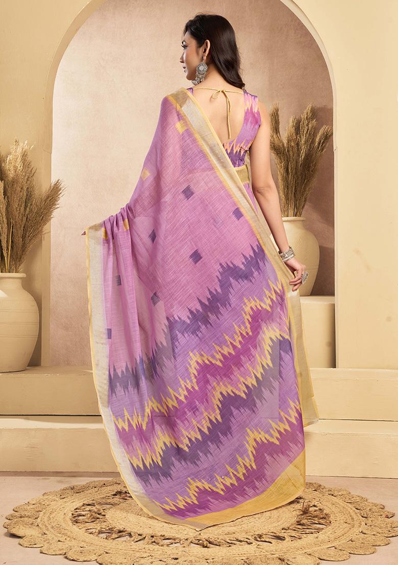 Lavender Motif Cotton Blend Saree Set - Indya