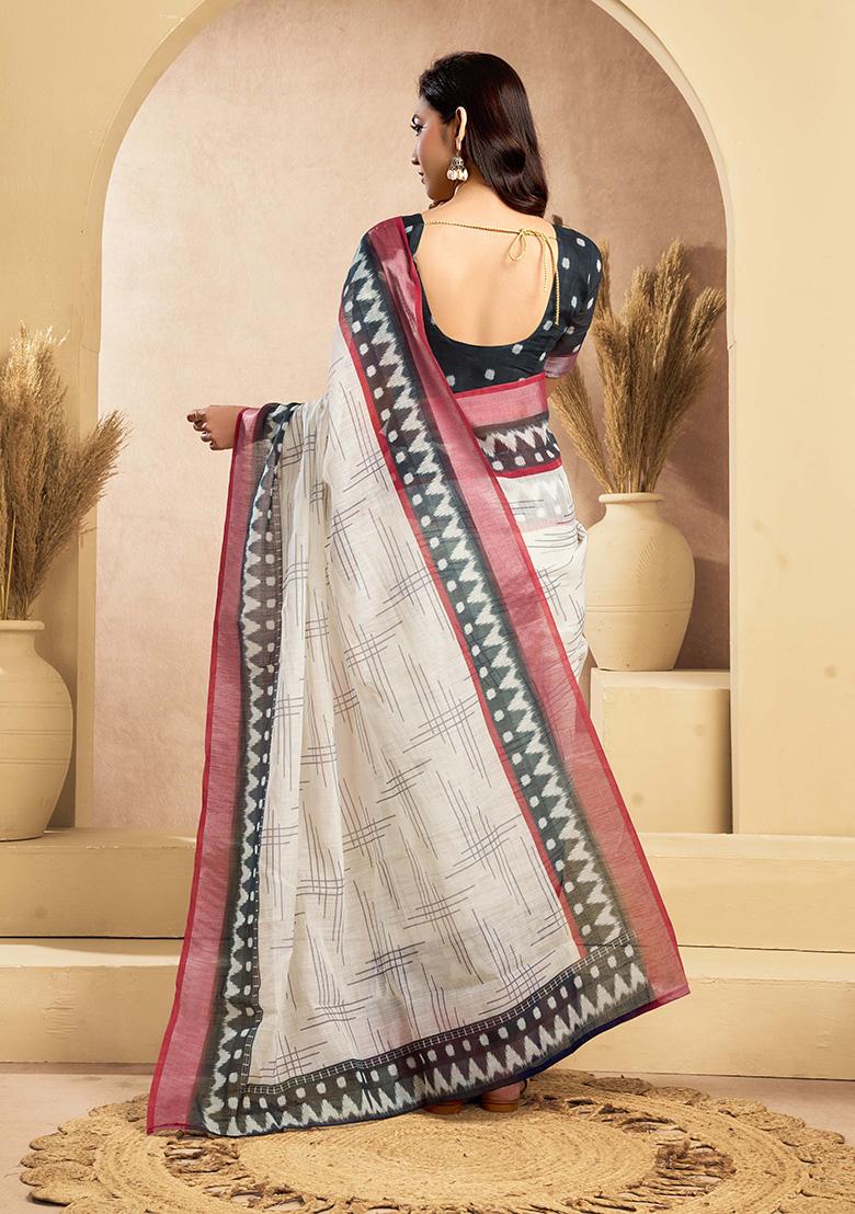 Off White Motif Cotton Blend Saree Set - Indya