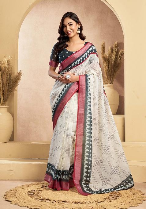 Off White Motif Cotton Blend Saree Set