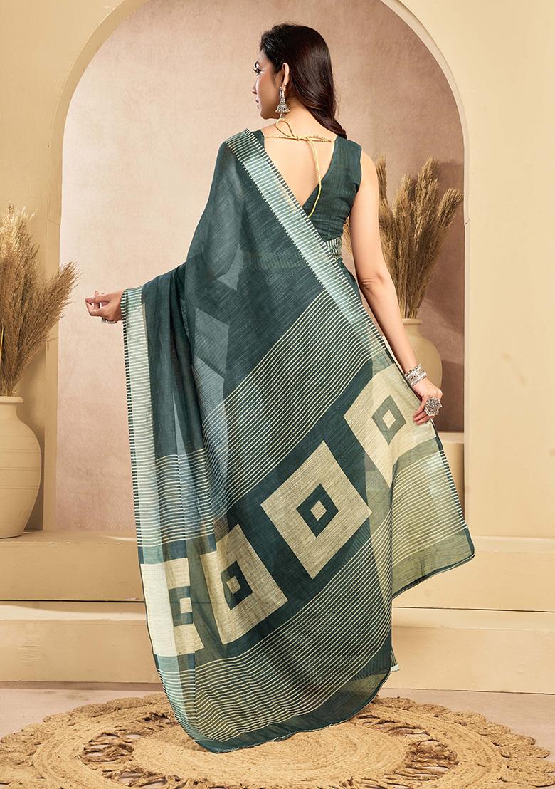 Light Teal Motif Cotton Blend Saree Set - Indya