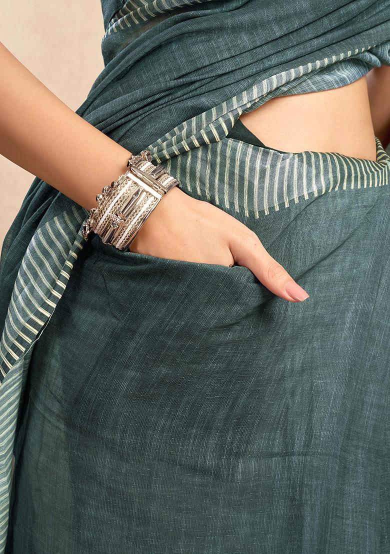 Light Teal Motif Cotton Blend Saree Set - Indya