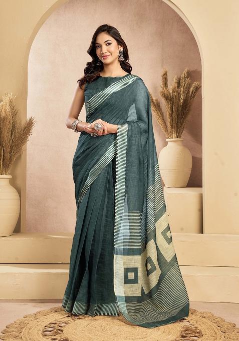 Light Teal Motif Cotton Blend Saree Set