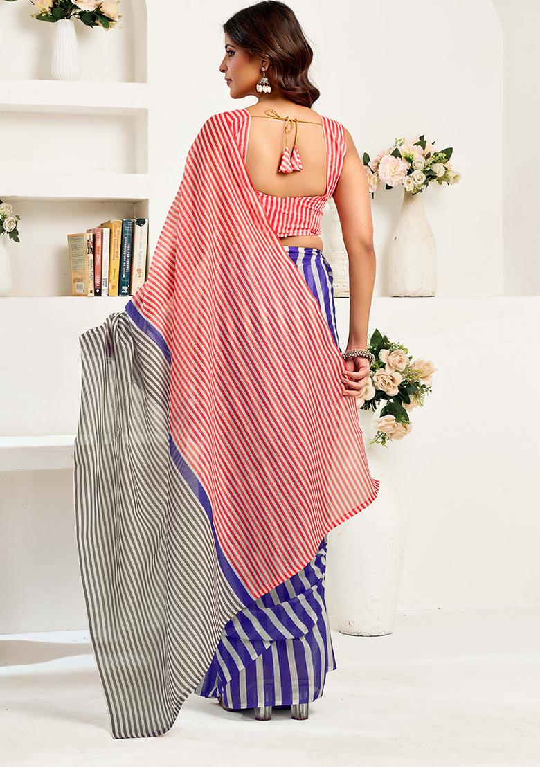 Blue Motif Cotton Blend Saree Set - Indya