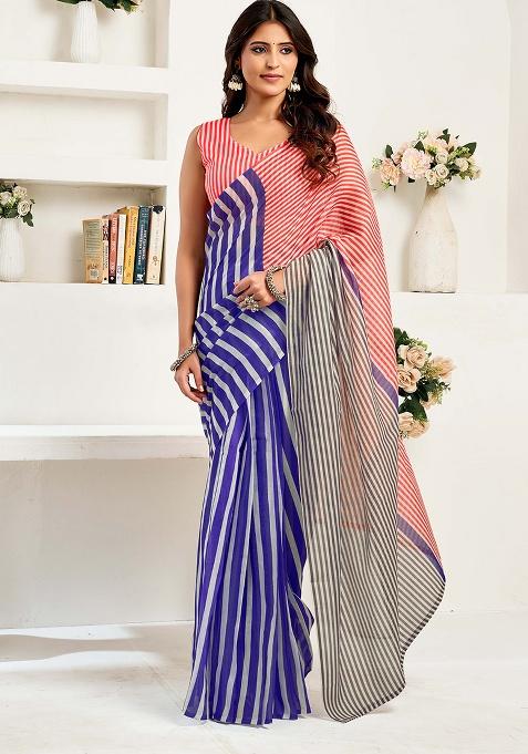 Blue Motif Cotton Blend Saree Set