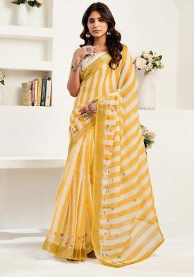 Light Mustard Motif Cotton Blend Saree Set