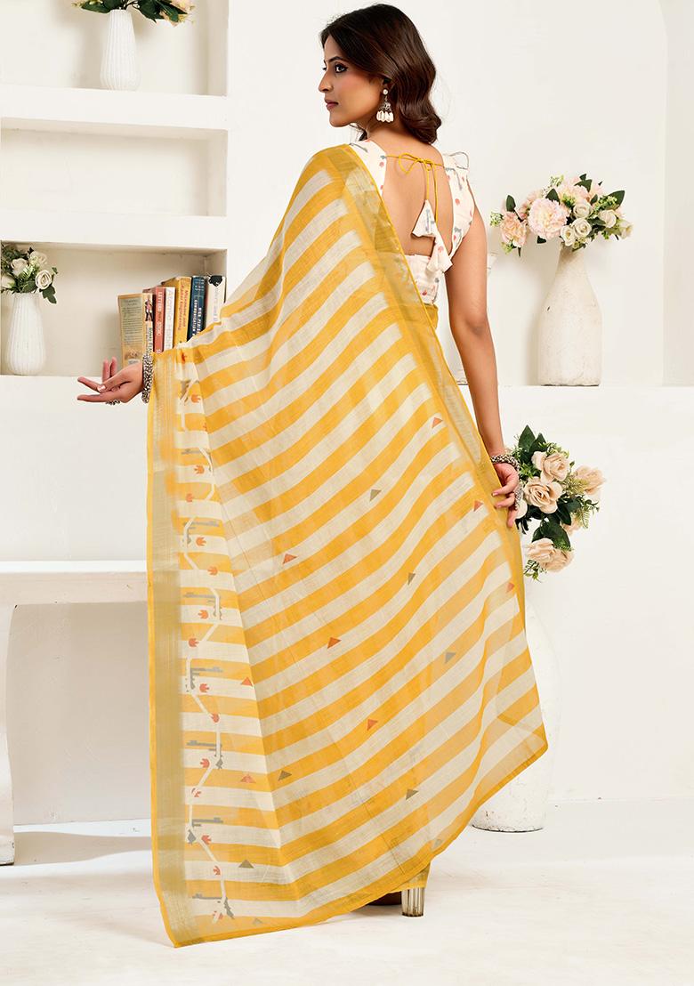 Light Mustard Motif Cotton Blend Saree Set - Indya